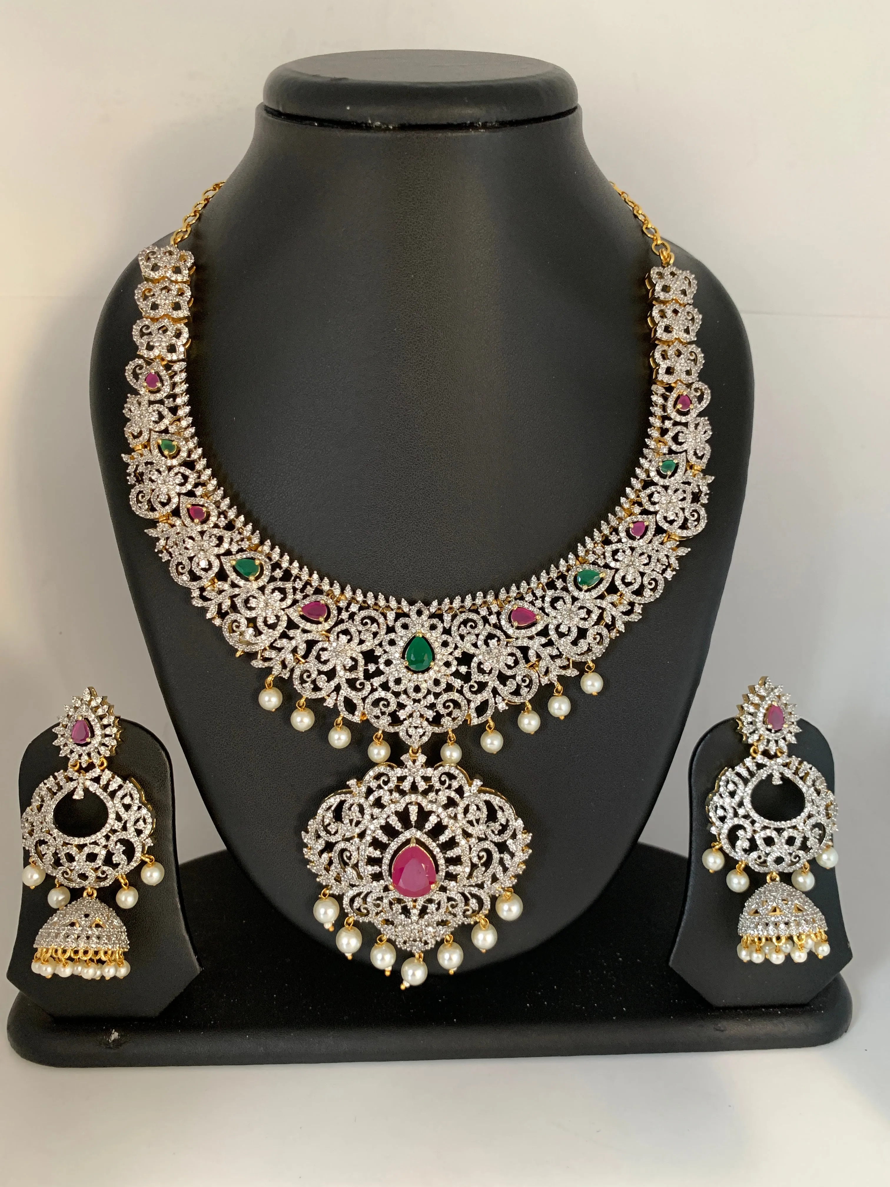 AD Red Green Multi Stone Short Necklace