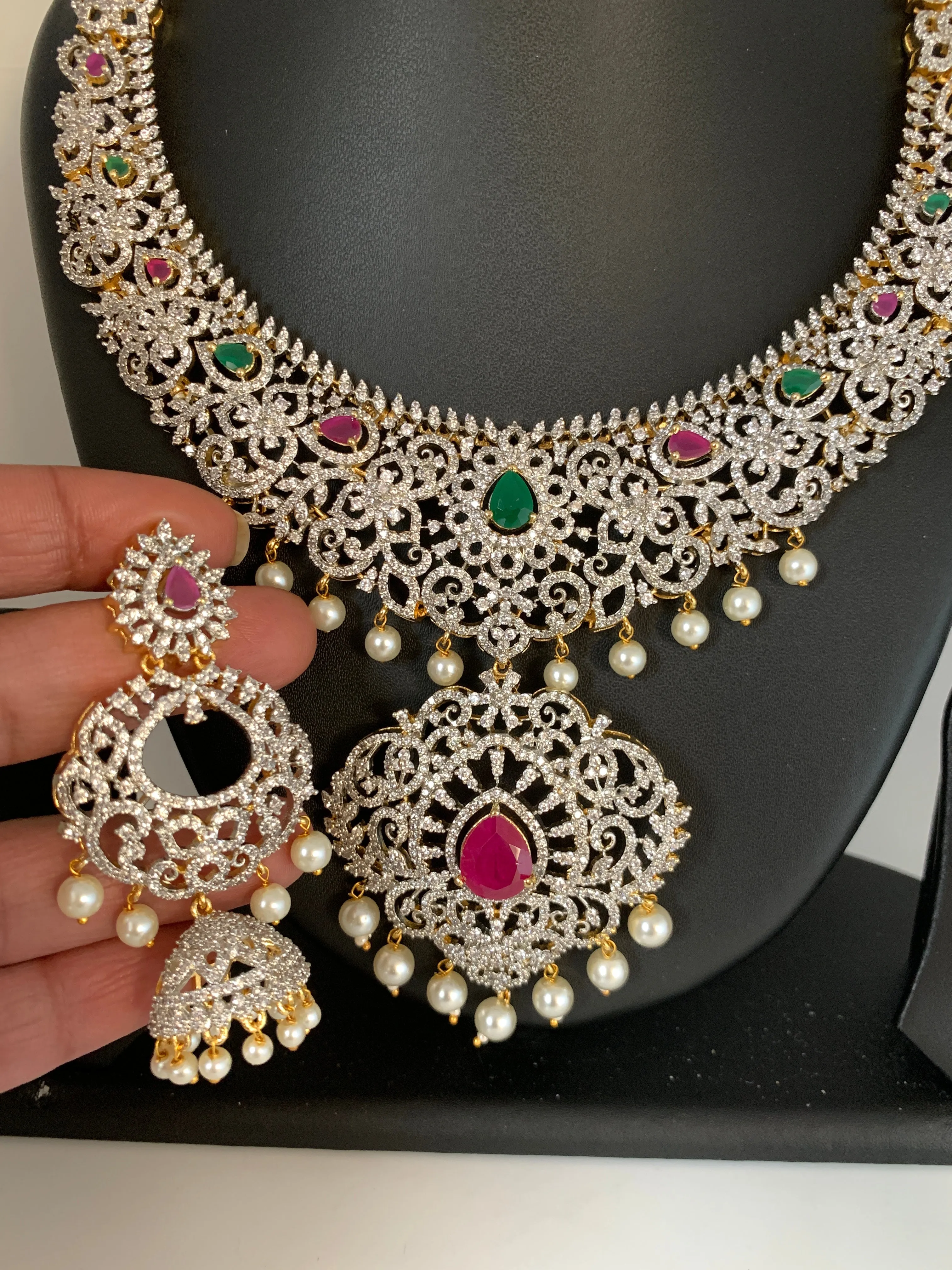 AD Red Green Multi Stone Short Necklace