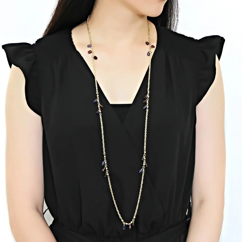 Alamode Gold Brass Necklace with Semi-Precious Amethyst Crystal in Amethyst