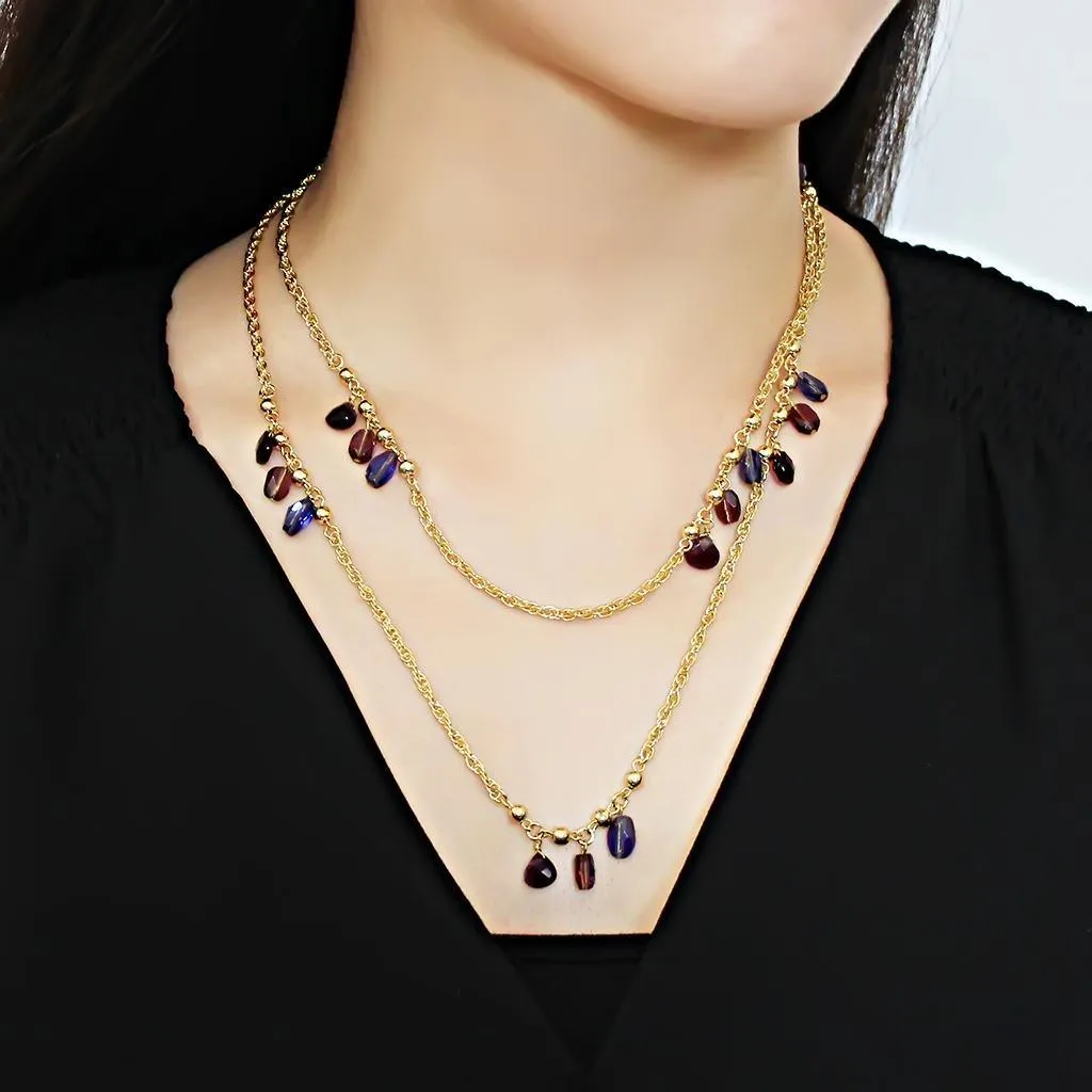 Alamode Gold Brass Necklace with Semi-Precious Amethyst Crystal in Amethyst