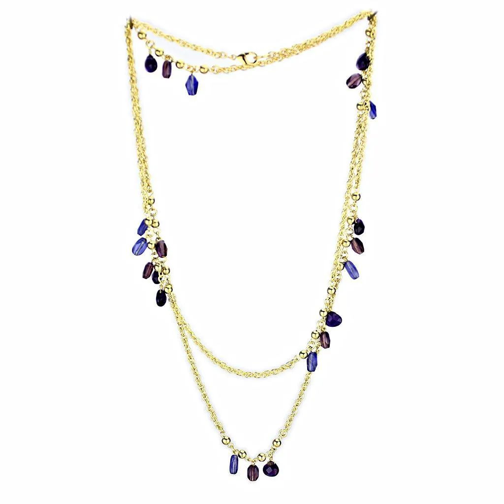 Alamode Gold Brass Necklace with Semi-Precious Amethyst Crystal in Amethyst