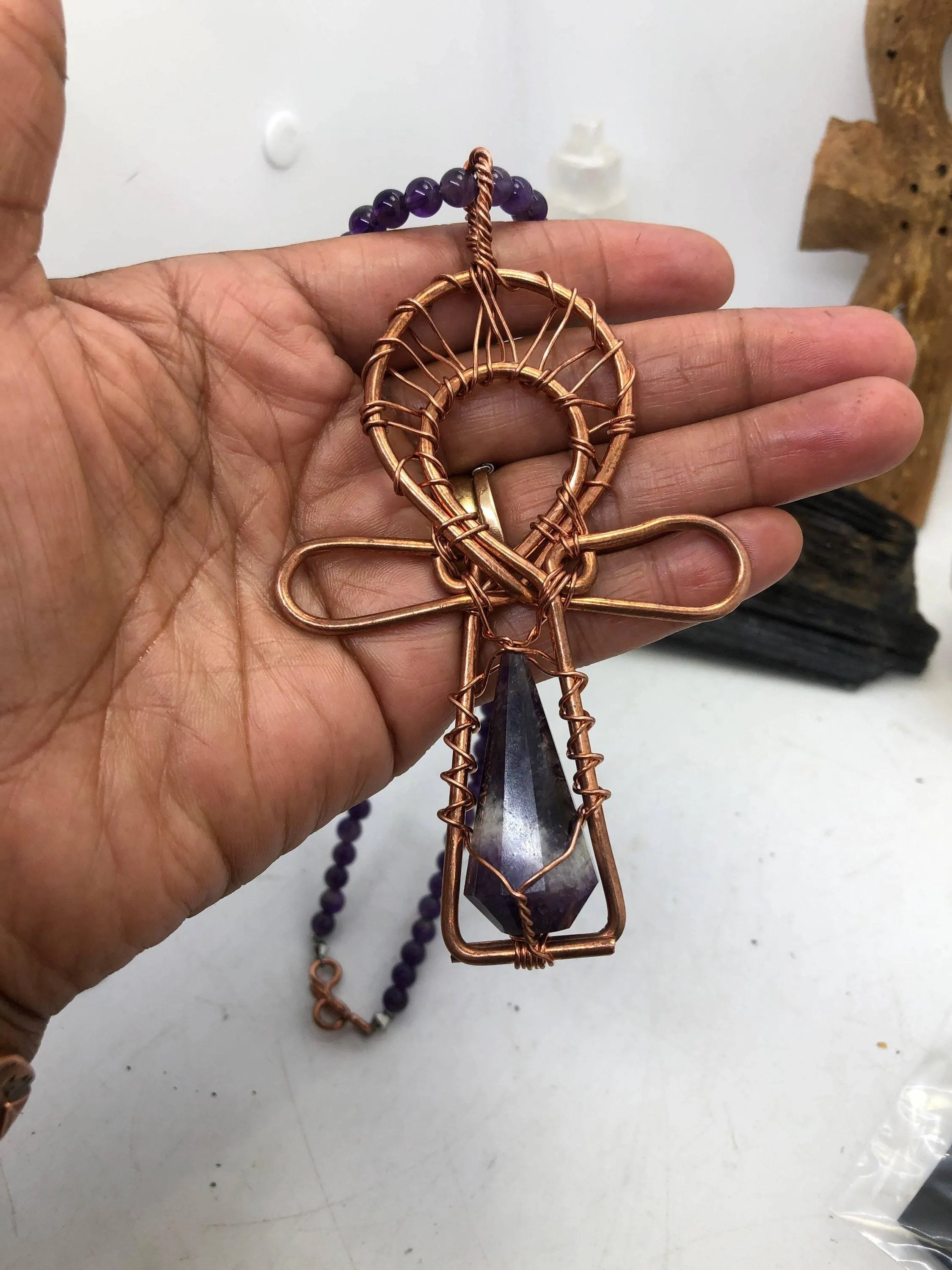 Amethyst Necklace with Amethyst Crystal Ankh Pendant Copper Necklace