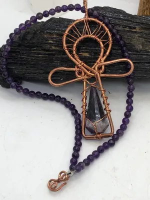 Amethyst Necklace with Amethyst Crystal Ankh Pendant Copper Necklace