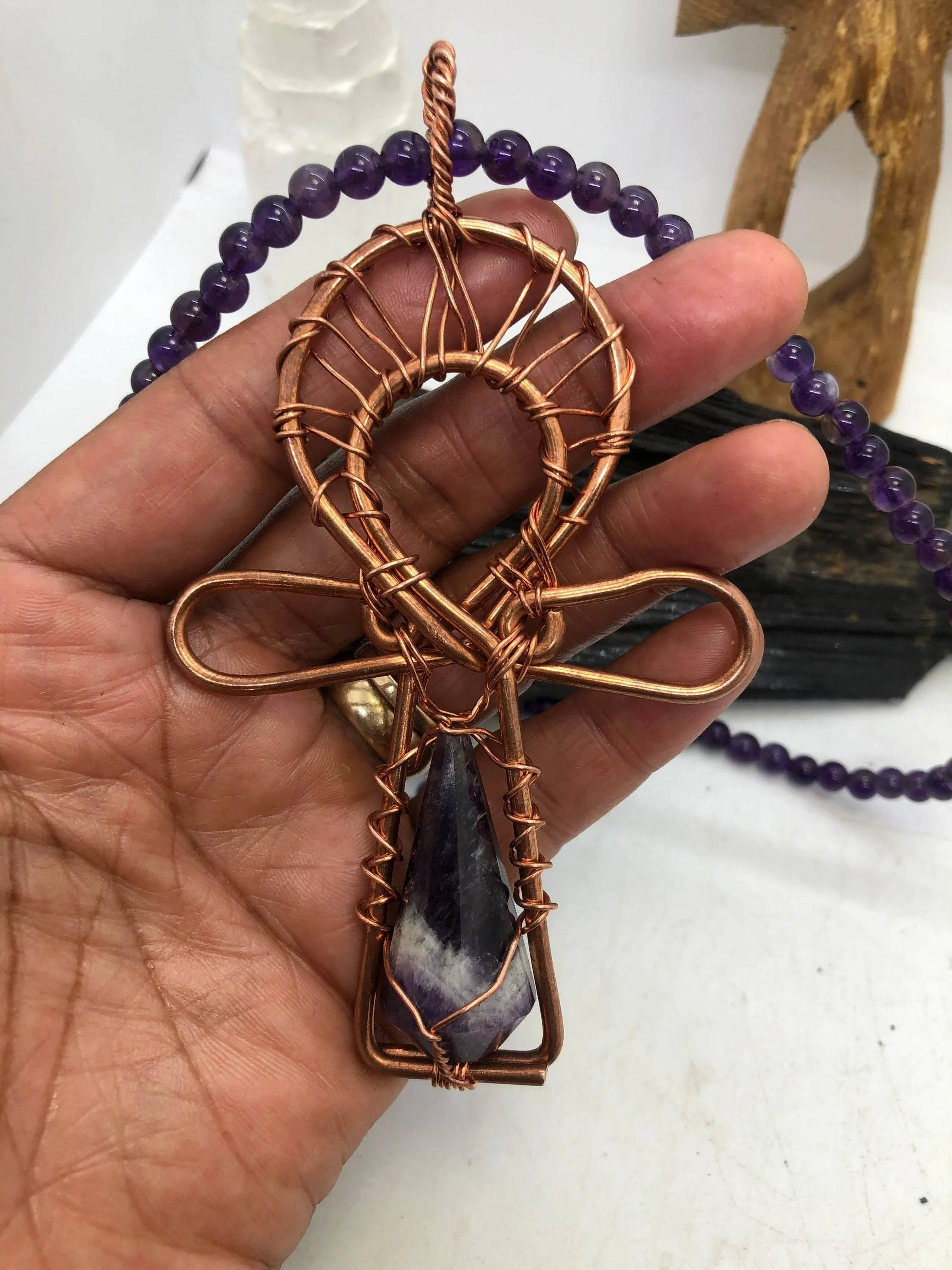 Amethyst Necklace with Amethyst Crystal Ankh Pendant Copper Necklace