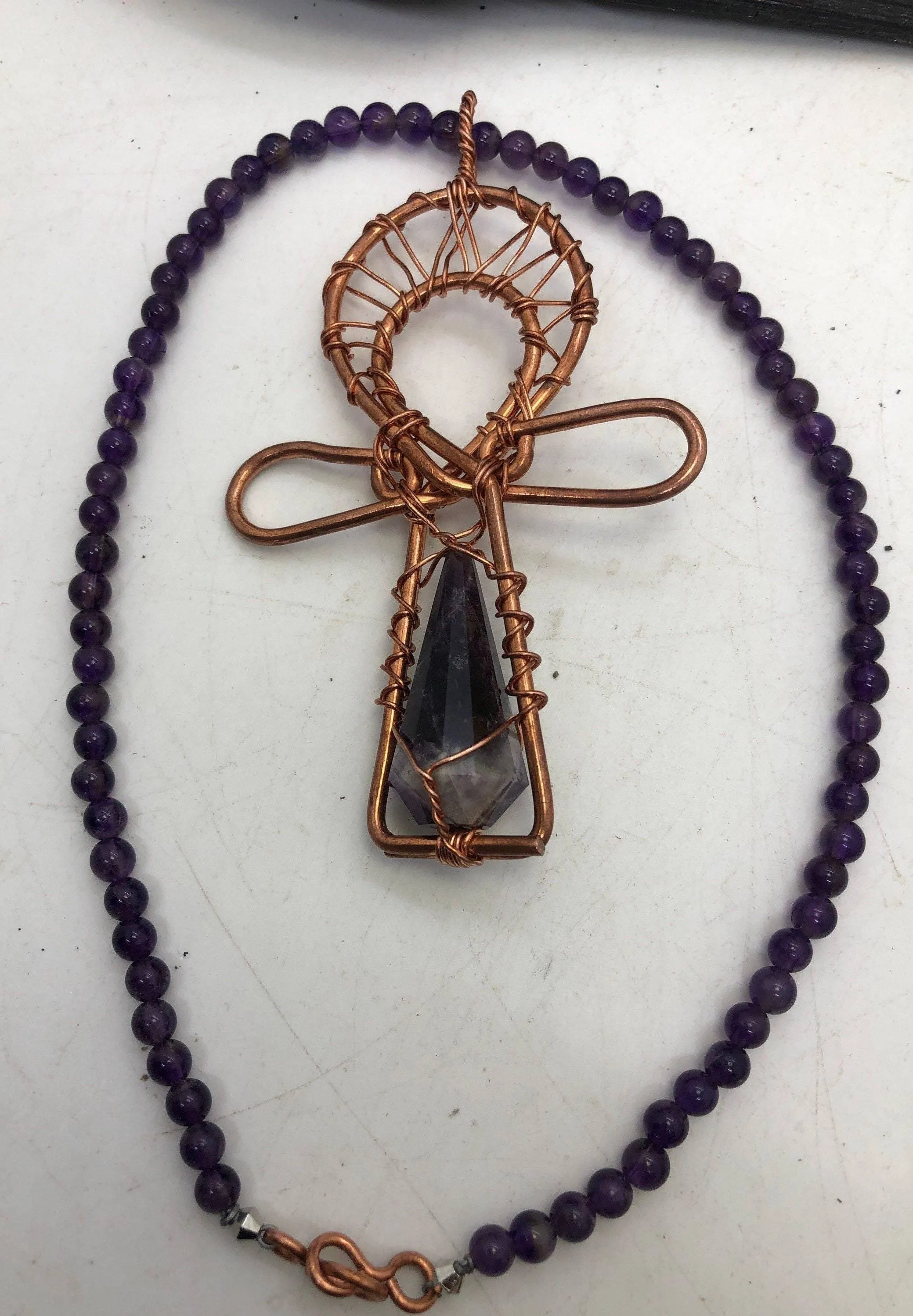 Amethyst Necklace with Amethyst Crystal Ankh Pendant Copper Necklace