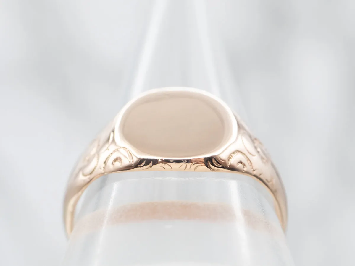Antique Rose Gold Signet Ring with Floral Shoulders