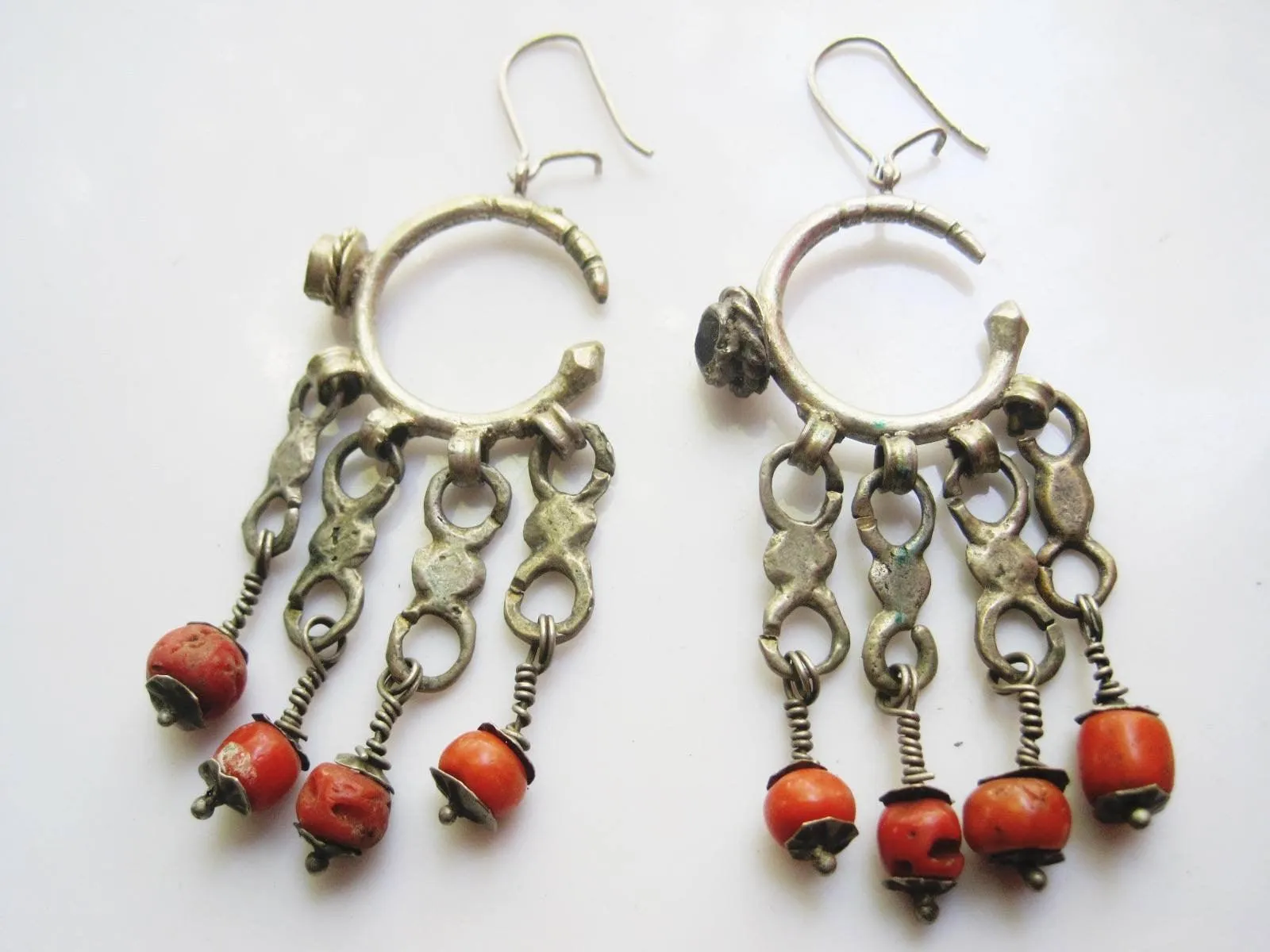 Antique Silver and Coral Berber Earrings from Morocco
