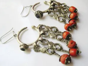 Antique Silver and Coral Berber Earrings from Morocco