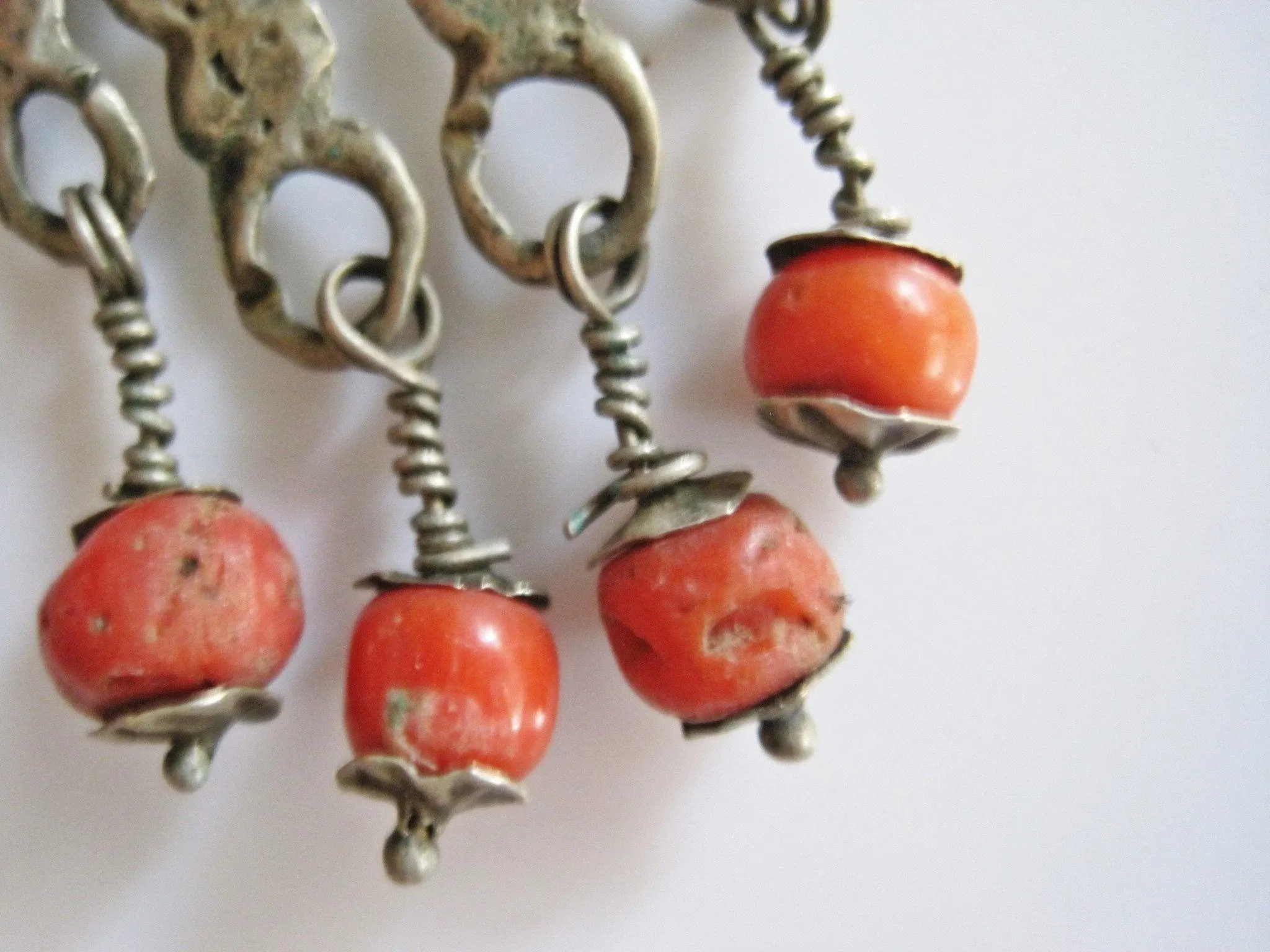 Antique Silver and Coral Berber Earrings from Morocco