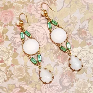Askew London Earrings Chandelier White Glass Gold Green Unsigned