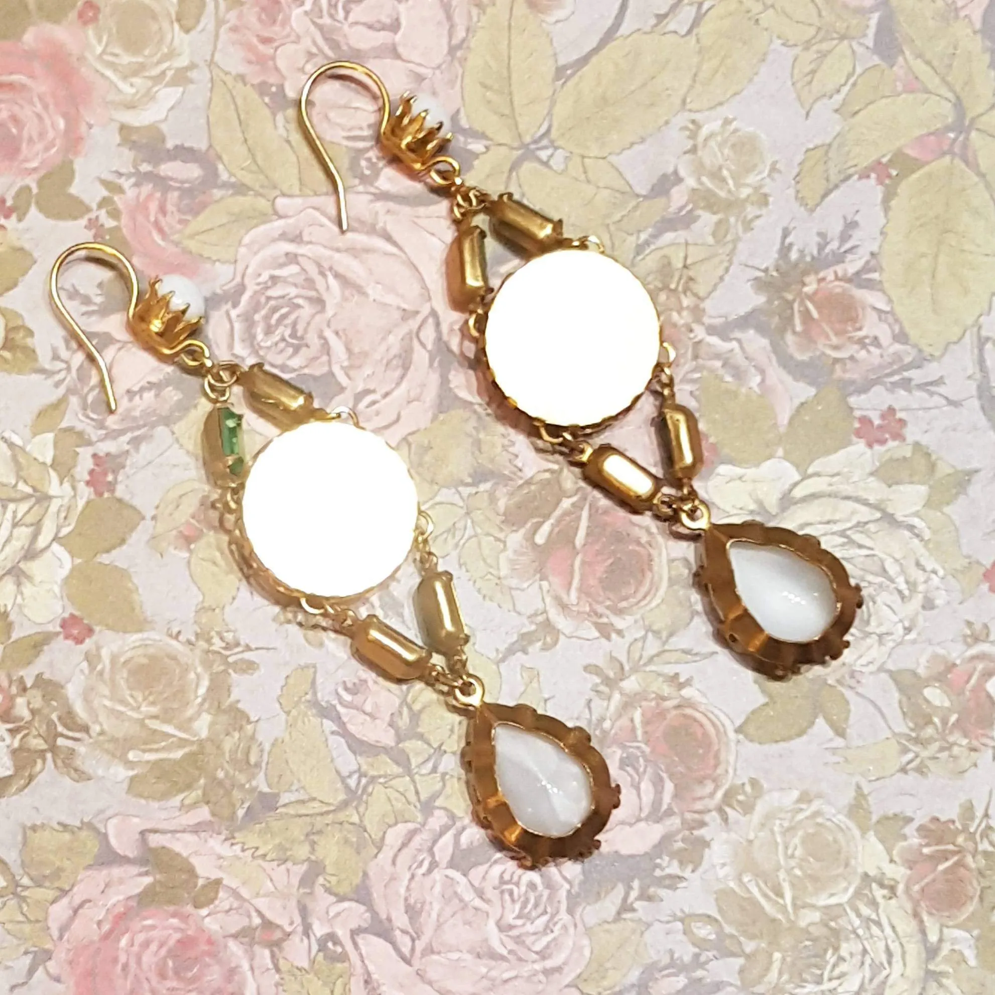 Askew London Earrings Chandelier White Glass Gold Green Unsigned