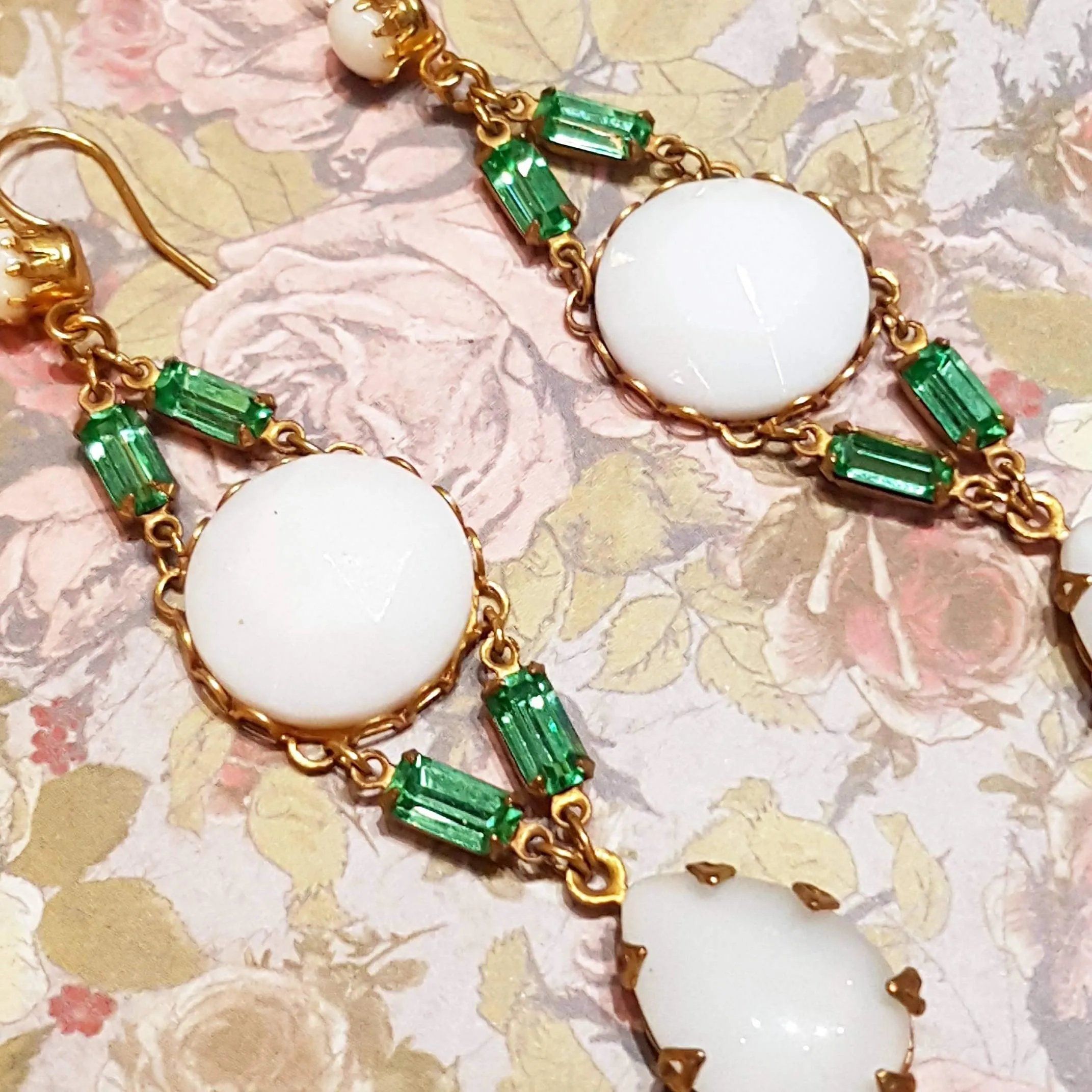 Askew London Earrings Chandelier White Glass Gold Green Unsigned