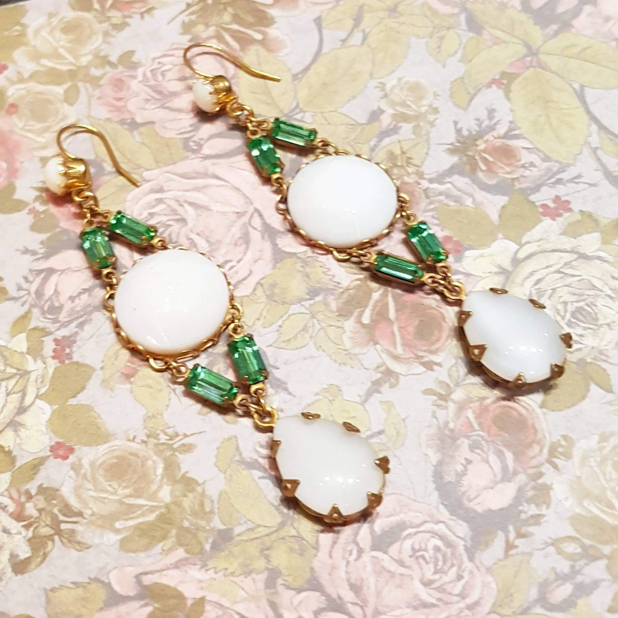 Askew London Earrings Chandelier White Glass Gold Green Unsigned