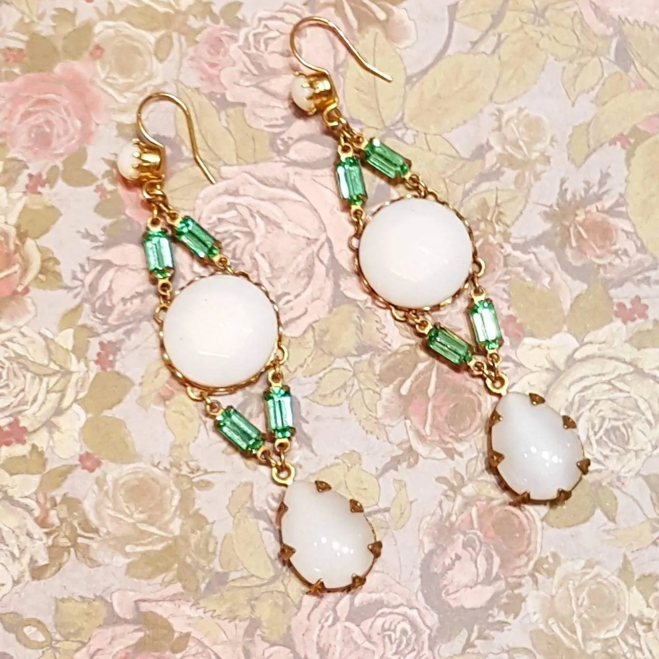 Askew London Earrings Chandelier White Glass Gold Green Unsigned