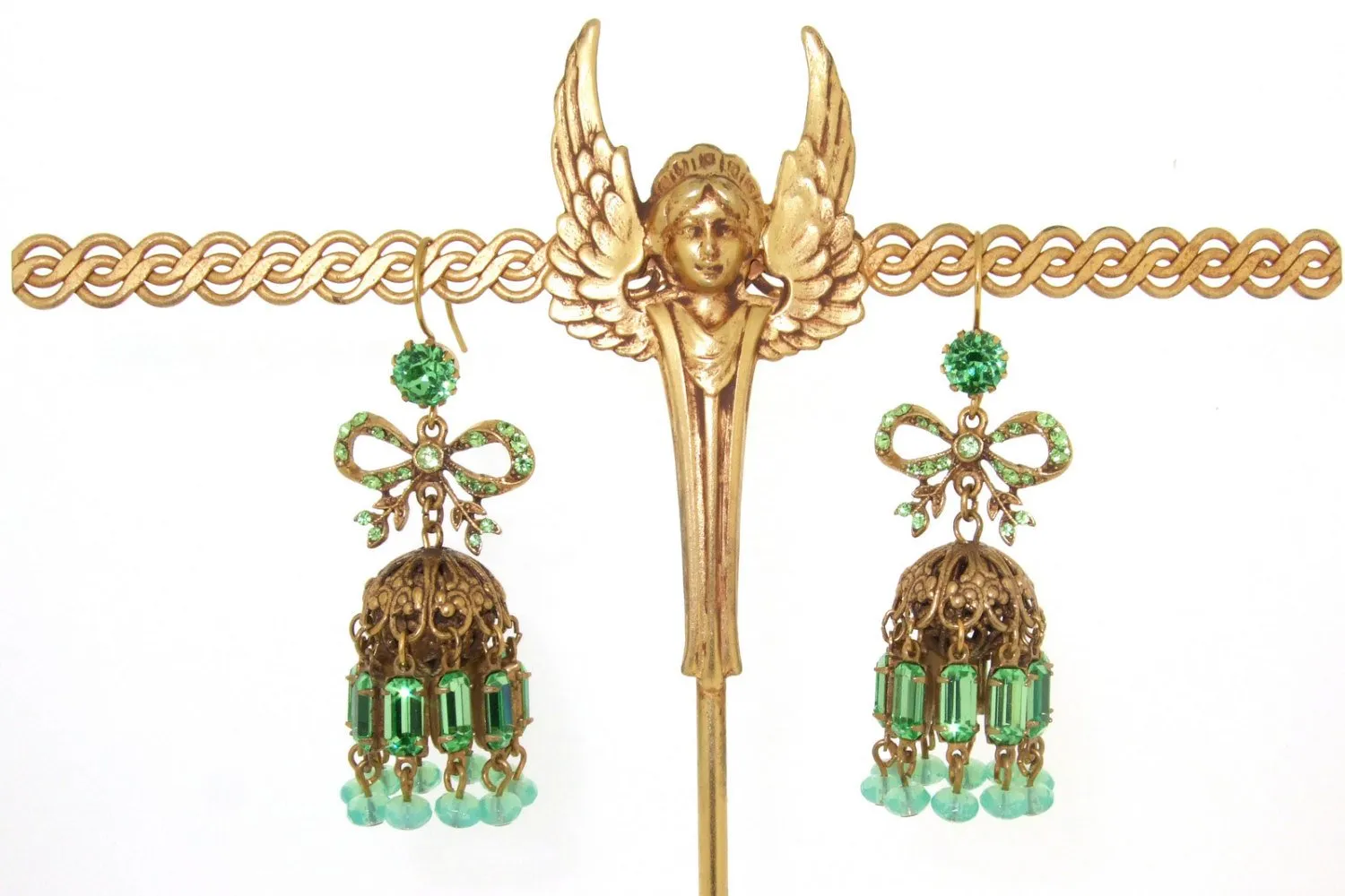 Askew London Earrings Mint and olive Green Crystal Bow