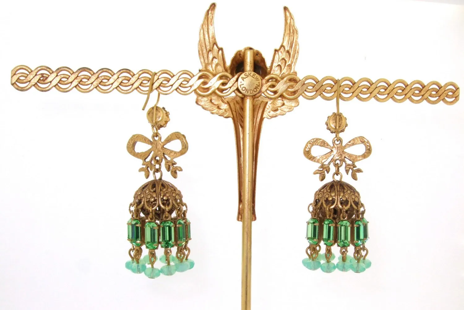 Askew London Earrings Mint and olive Green Crystal Bow