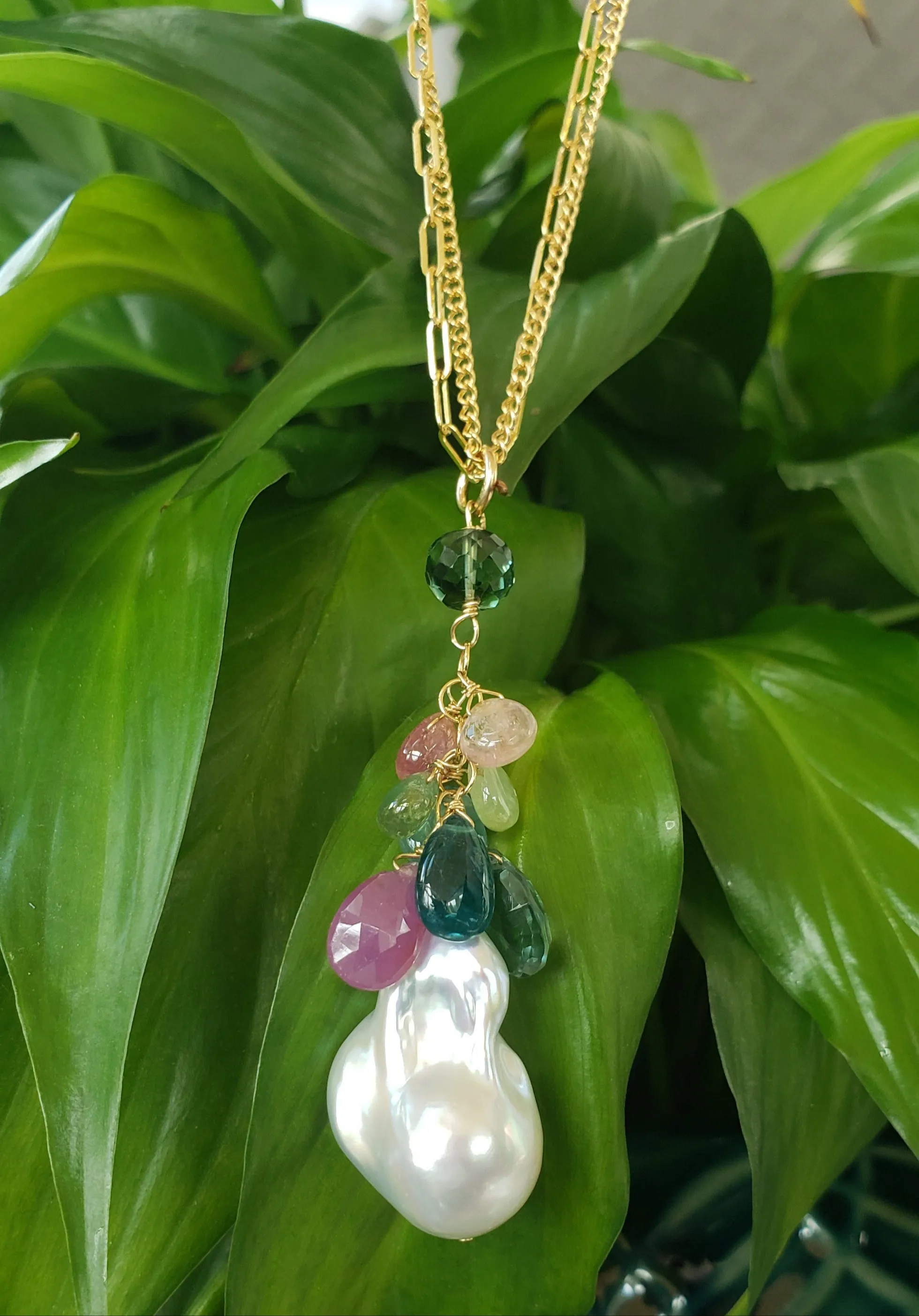 AVF Pearl, Sapphire, Tourmaline, Green Quartz & Grandidierite Cluster Double Chain Necklace (SI3719)