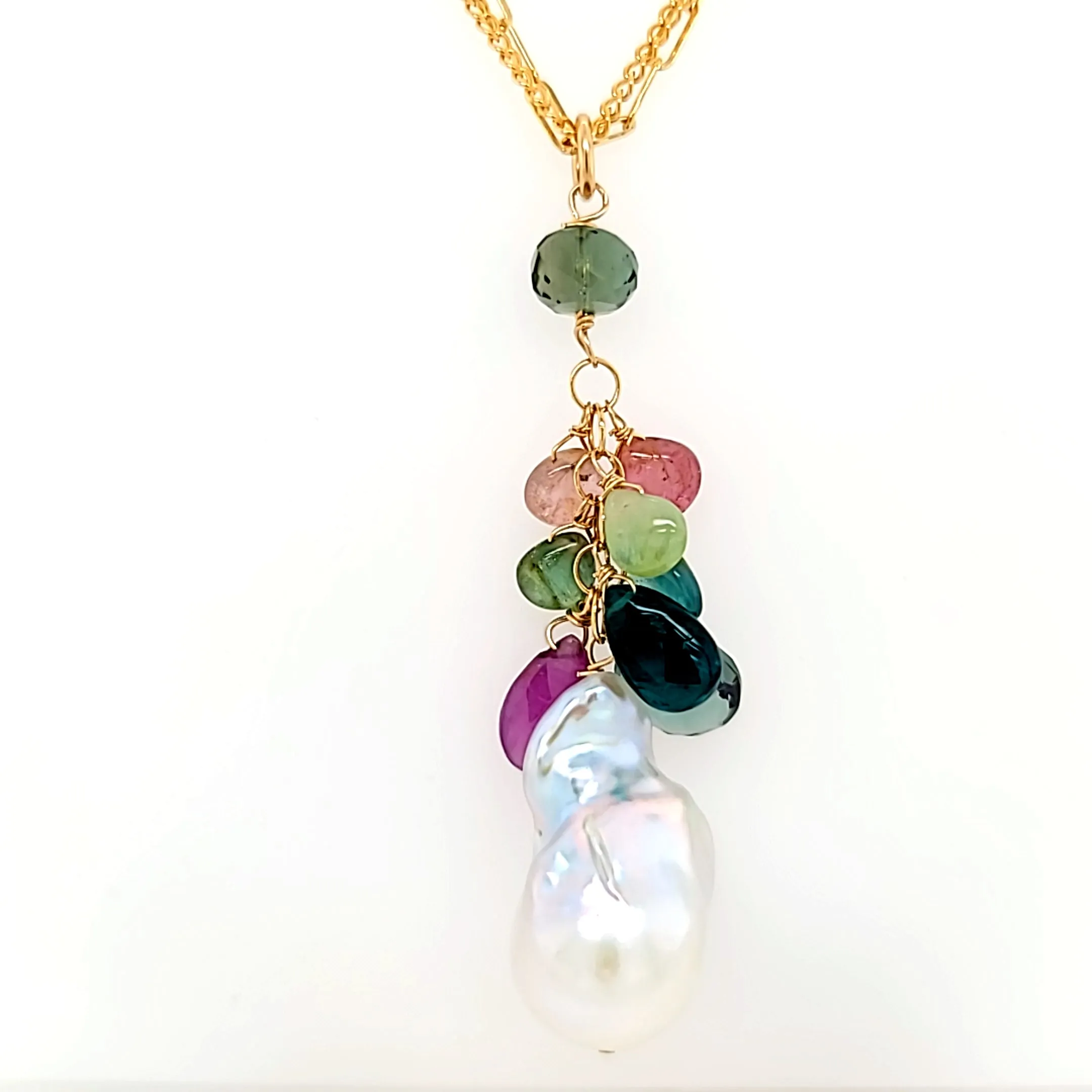AVF Pearl, Sapphire, Tourmaline, Green Quartz & Grandidierite Cluster Double Chain Necklace (SI3719)