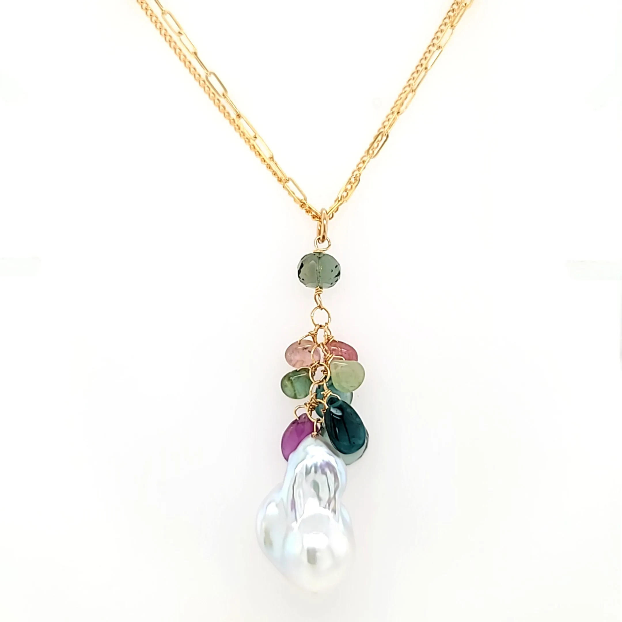 AVF Pearl, Sapphire, Tourmaline, Green Quartz & Grandidierite Cluster Double Chain Necklace (SI3719)