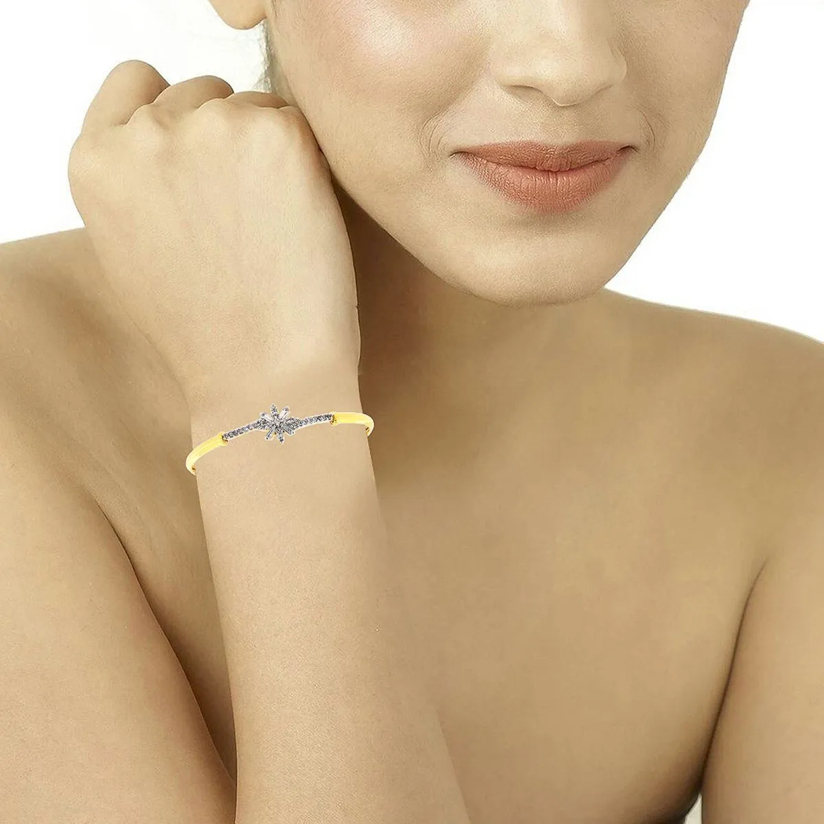 Baguette Flower American Diamond Gold Openable Kada Bangle Bracelet