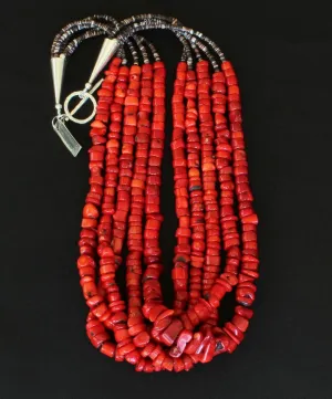 Bamboo Coral Chunky Heishi 5-Strand Necklace with Violet Olive Shell Heishi and Sterling Silver Cones and Toggle Clasp