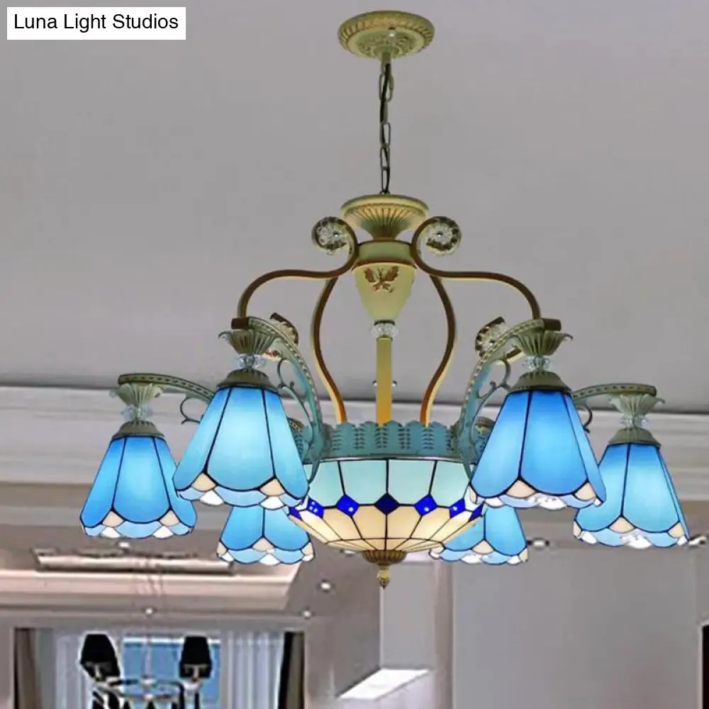 Baroque Style Stained Glass Pendant Chandelier with 8/11 Lights in White/Blue, Available in 31.5"/37.5" Width