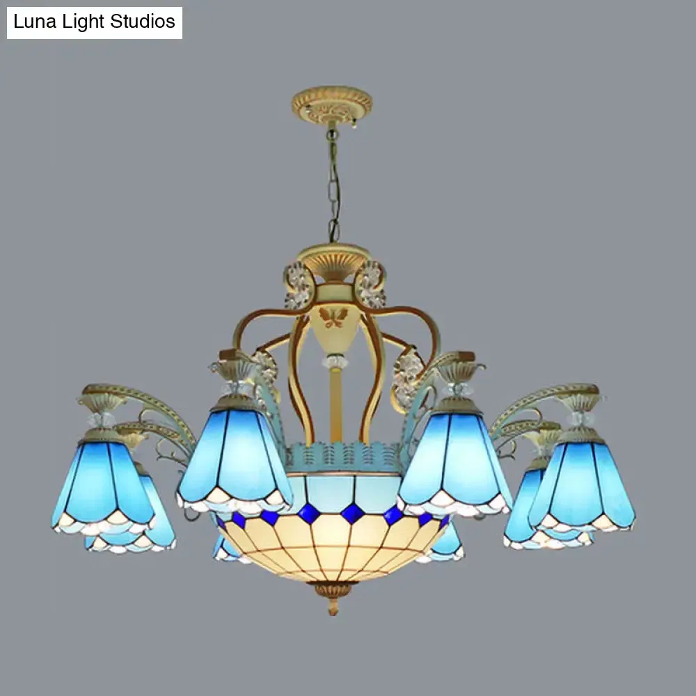 Baroque Style Stained Glass Pendant Chandelier with 8/11 Lights in White/Blue, Available in 31.5"/37.5" Width