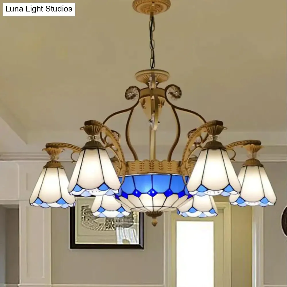 Baroque Style Stained Glass Pendant Chandelier with 8/11 Lights in White/Blue, Available in 31.5"/37.5" Width