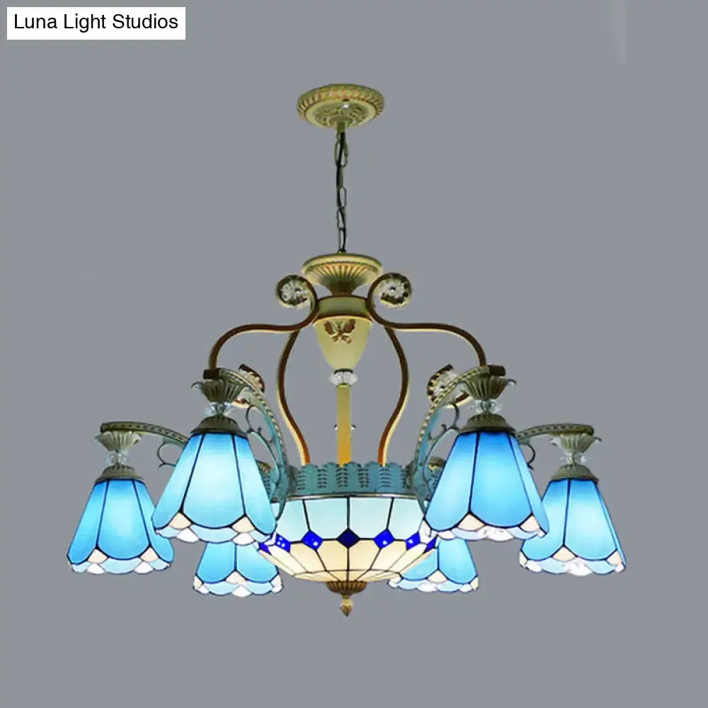 Baroque Style Stained Glass Pendant Chandelier with 8/11 Lights in White/Blue, Available in 31.5"/37.5" Width