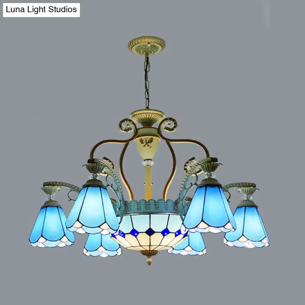 Baroque Style Stained Glass Pendant Chandelier with 8/11 Lights in White/Blue, Available in 31.5"/37.5" Width