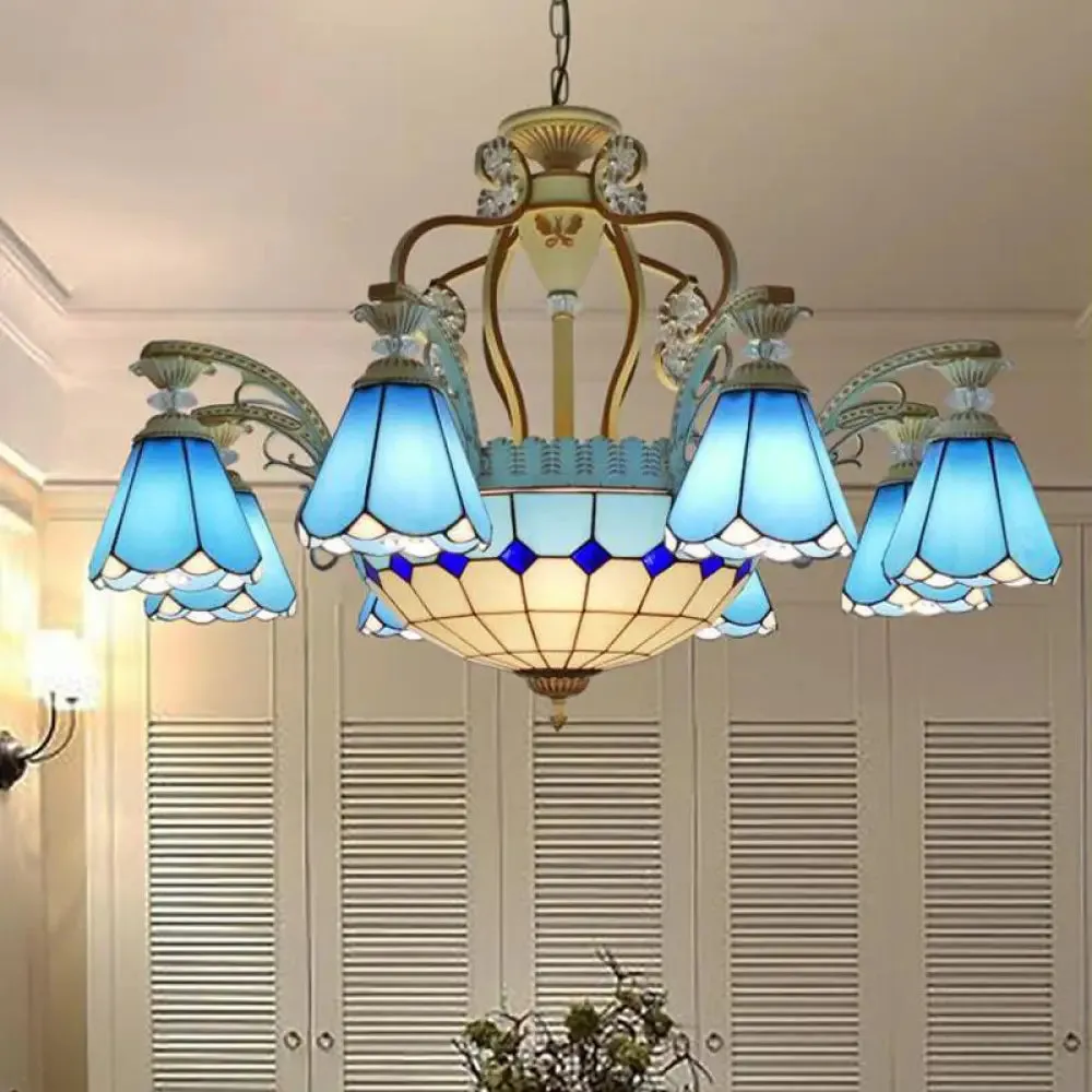 Baroque Style Stained Glass Pendant Chandelier with 8/11 Lights in White/Blue, Available in 31.5"/37.5" Width