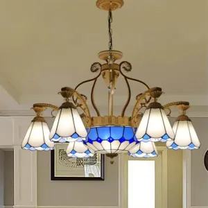Baroque Style Stained Glass Pendant Chandelier with 8/11 Lights in White/Blue, Available in 31.5"/37.5" Width