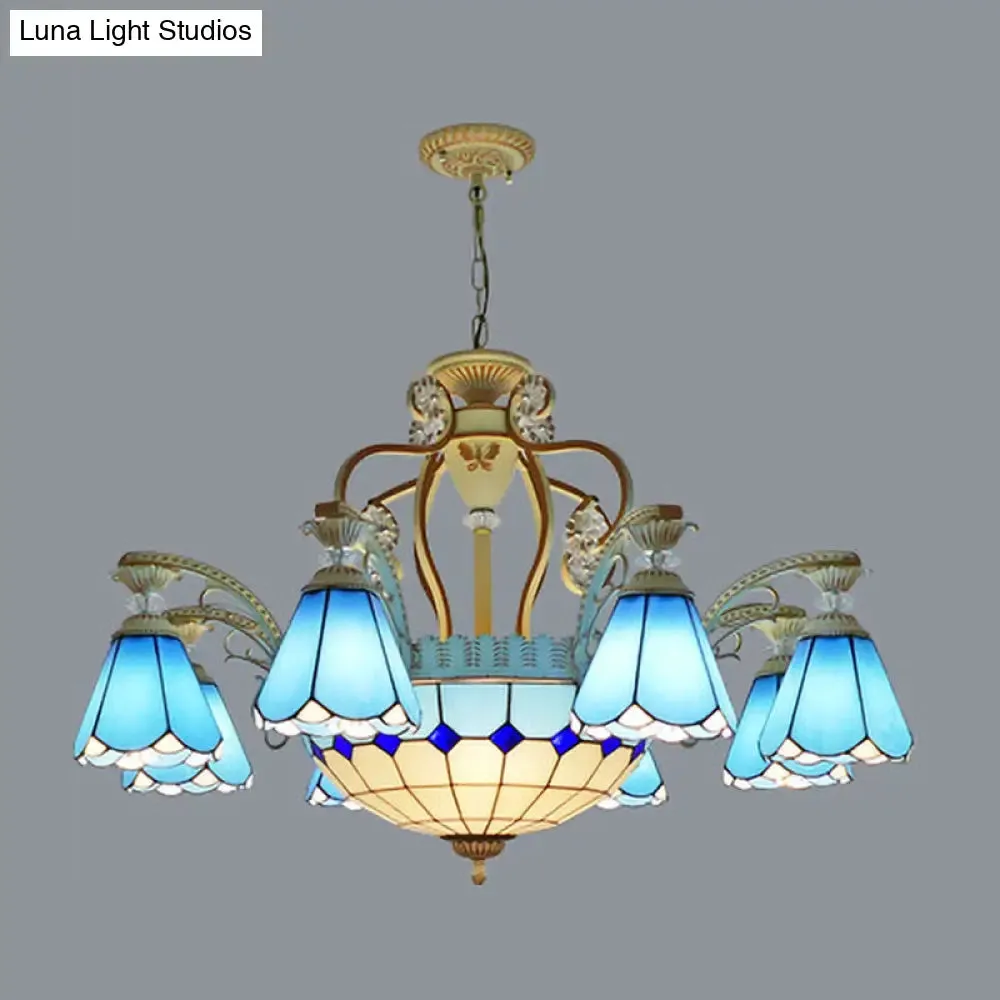 Baroque Style Stained Glass Pendant Chandelier with 8/11 Lights in White/Blue, Available in 31.5"/37.5" Width