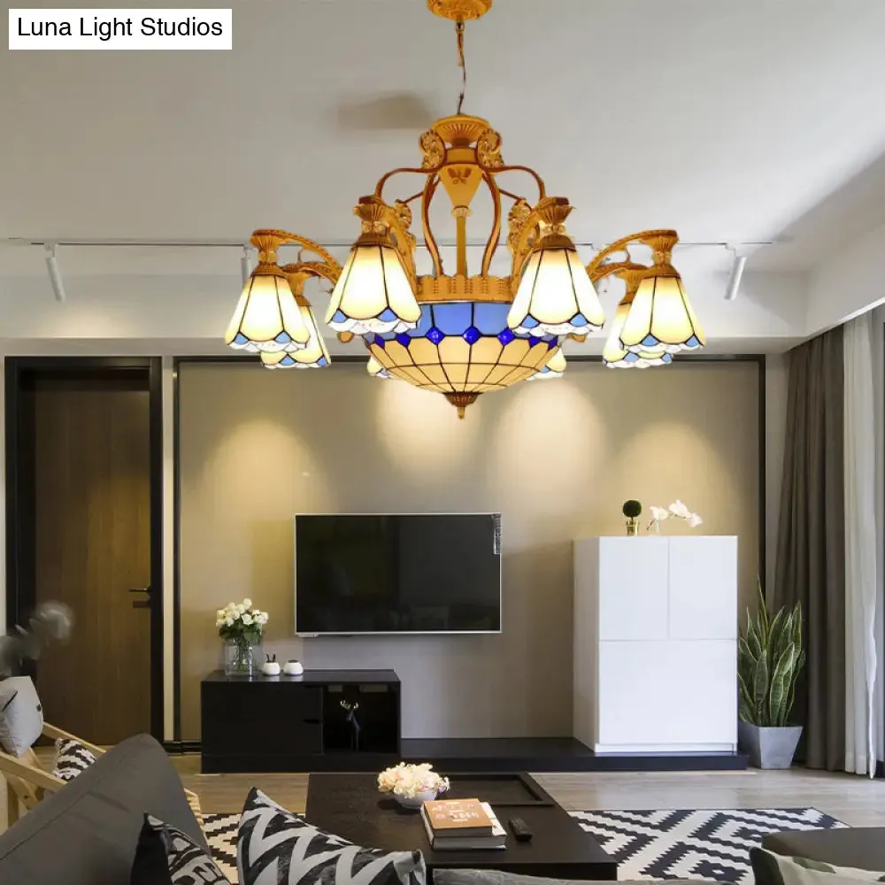 Baroque Style Stained Glass Pendant Chandelier with 8/11 Lights in White/Blue, Available in 31.5"/37.5" Width