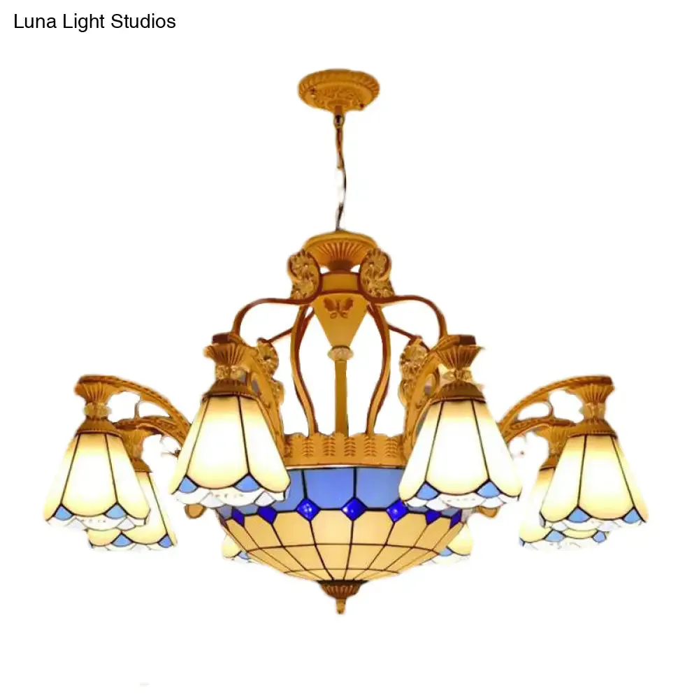 Baroque Style Stained Glass Pendant Chandelier with 8/11 Lights in White/Blue, Available in 31.5"/37.5" Width