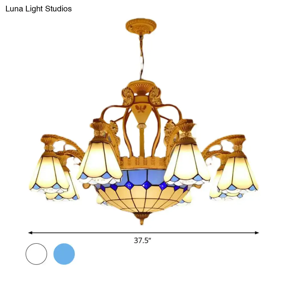 Baroque Style Stained Glass Pendant Chandelier with 8/11 Lights in White/Blue, Available in 31.5"/37.5" Width
