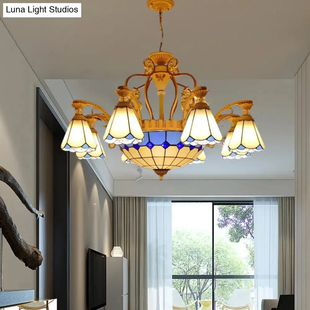 Baroque Style Stained Glass Pendant Chandelier with 8/11 Lights in White/Blue, Available in 31.5"/37.5" Width