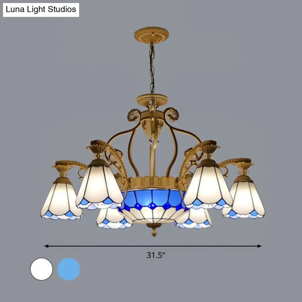 Baroque Style Stained Glass Pendant Chandelier with 8/11 Lights in White/Blue, Available in 31.5"/37.5" Width