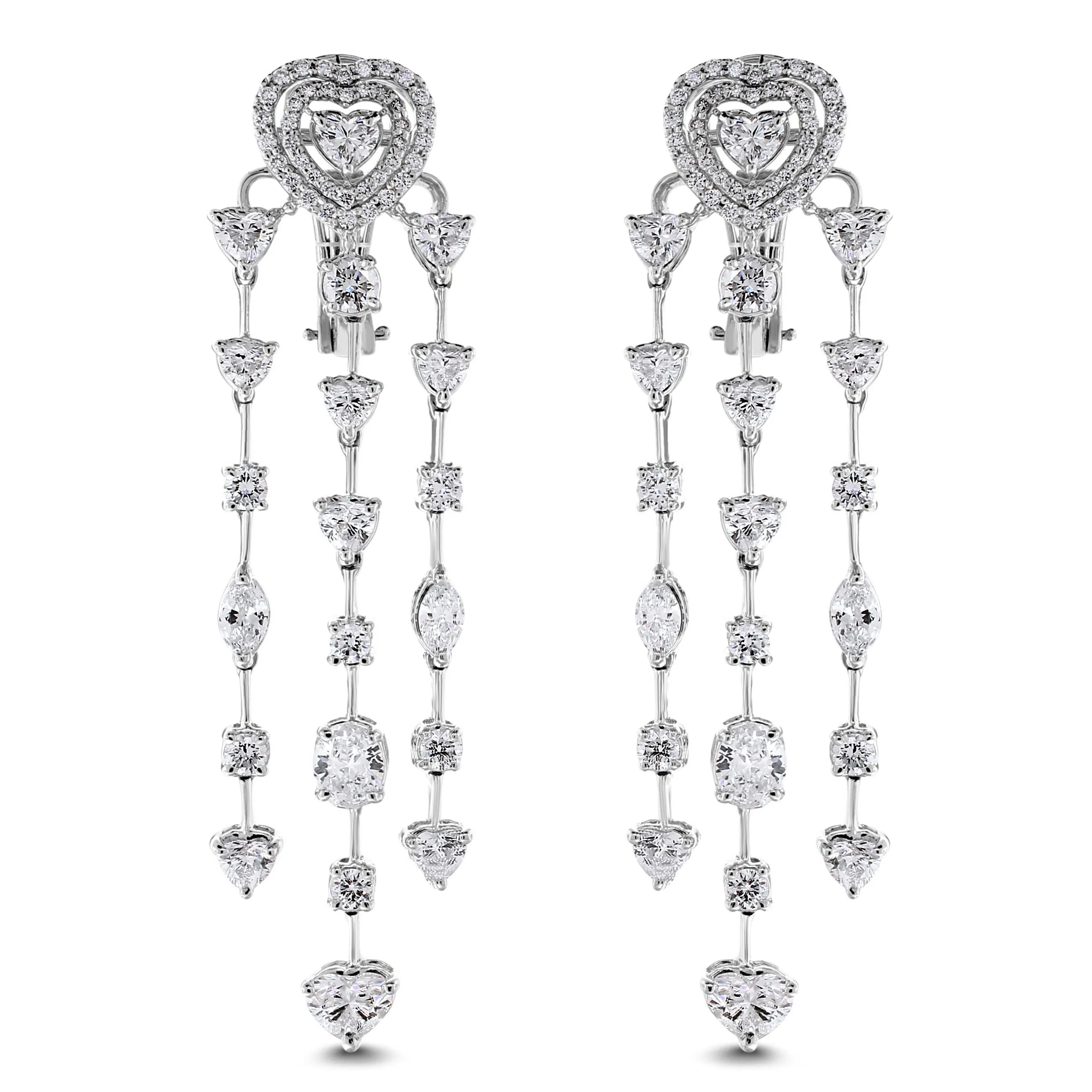 Beauvince Hearts Chandelier Earrings (7.19 ct Diamonds) in White Gold