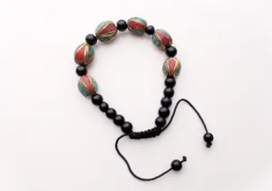Black Beads Bracelet with Stone Setted Oval Charms Inlaid Faux Coral & Turquoise