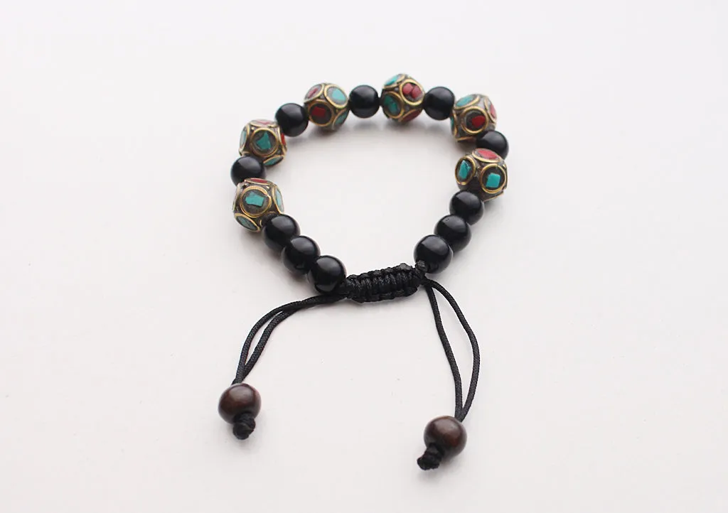 Black Beads Wrist Mala with Octagonal Tibetan Beads