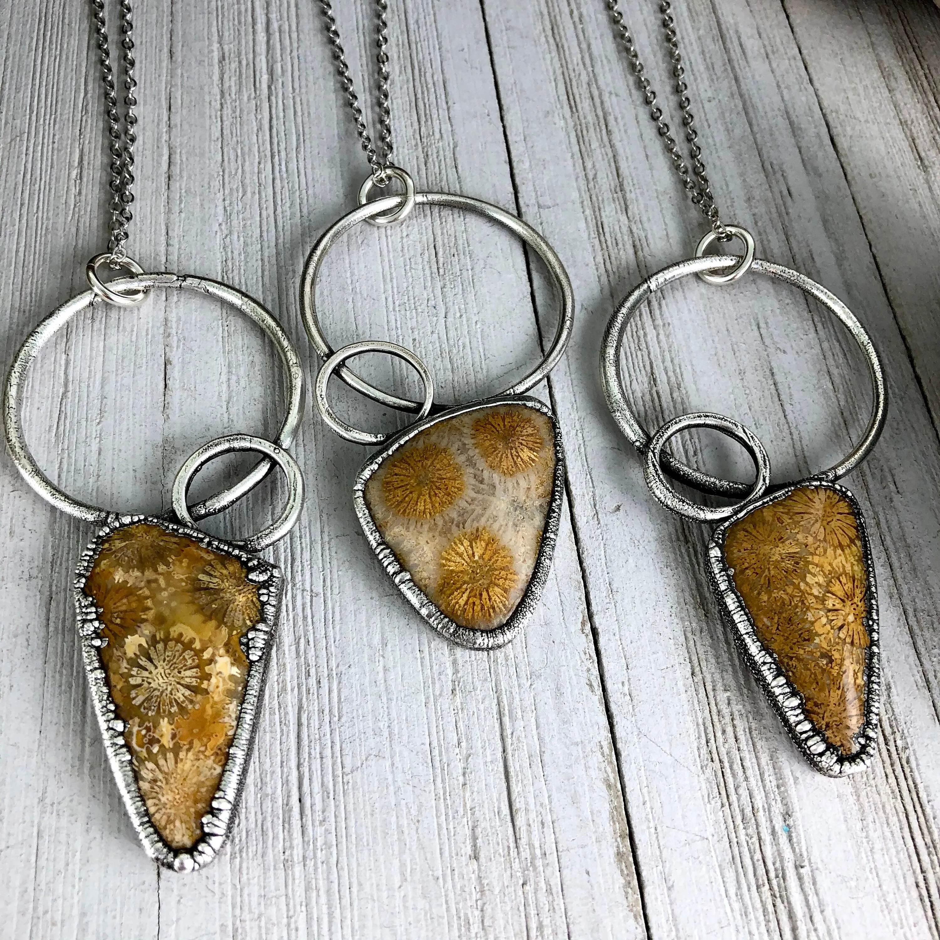 Boho Natural Stone Necklace in Silver / Fossilized Coral Jewelry For Woman