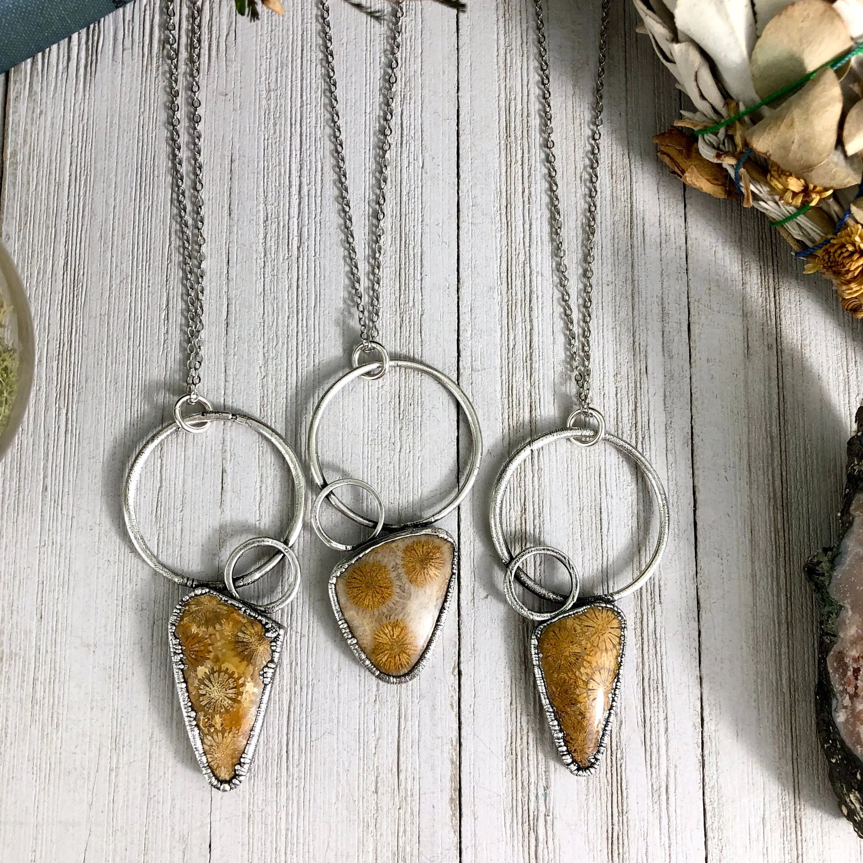 Boho Natural Stone Necklace in Silver / Fossilized Coral Jewelry For Woman