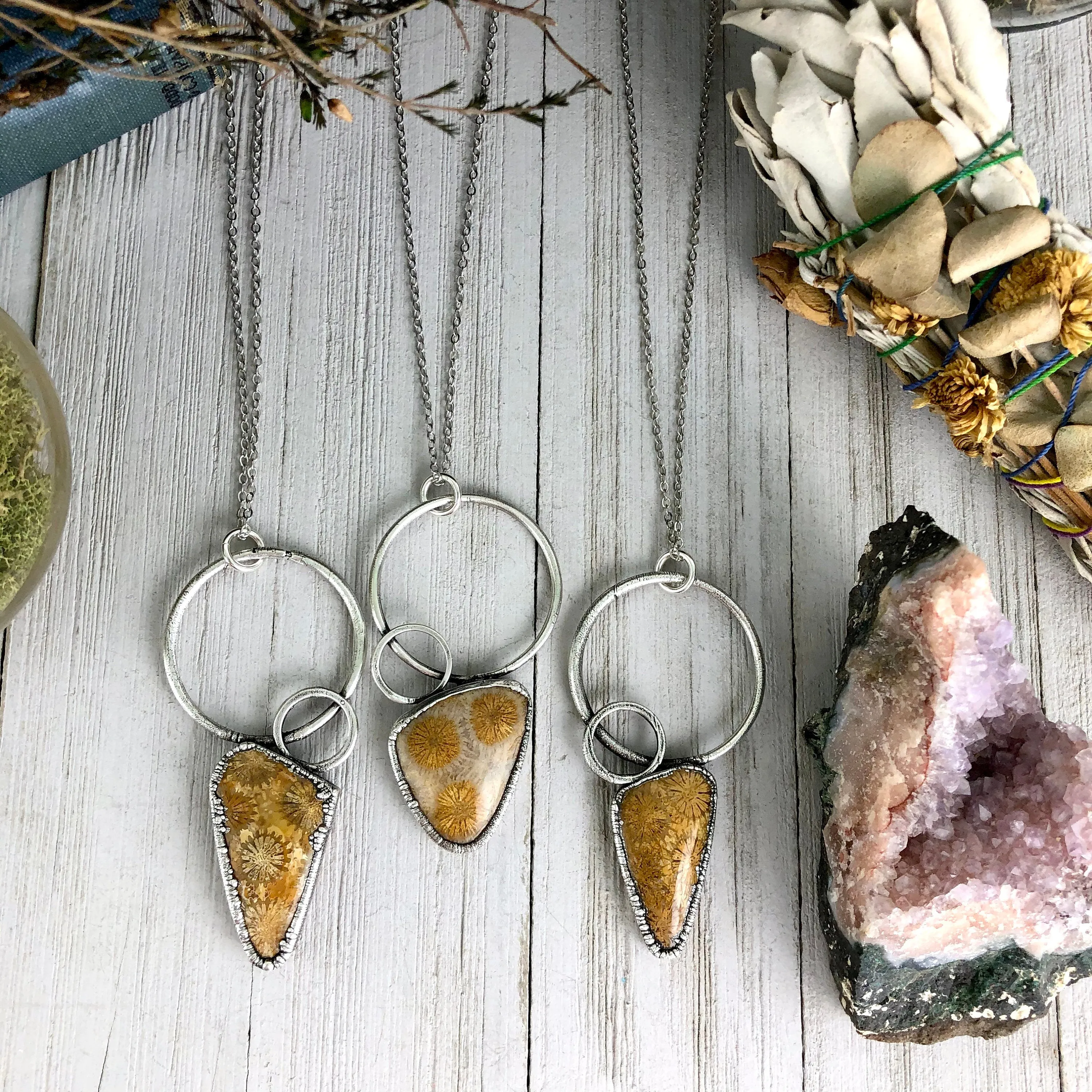 Boho Natural Stone Necklace in Silver / Fossilized Coral Jewelry For Woman