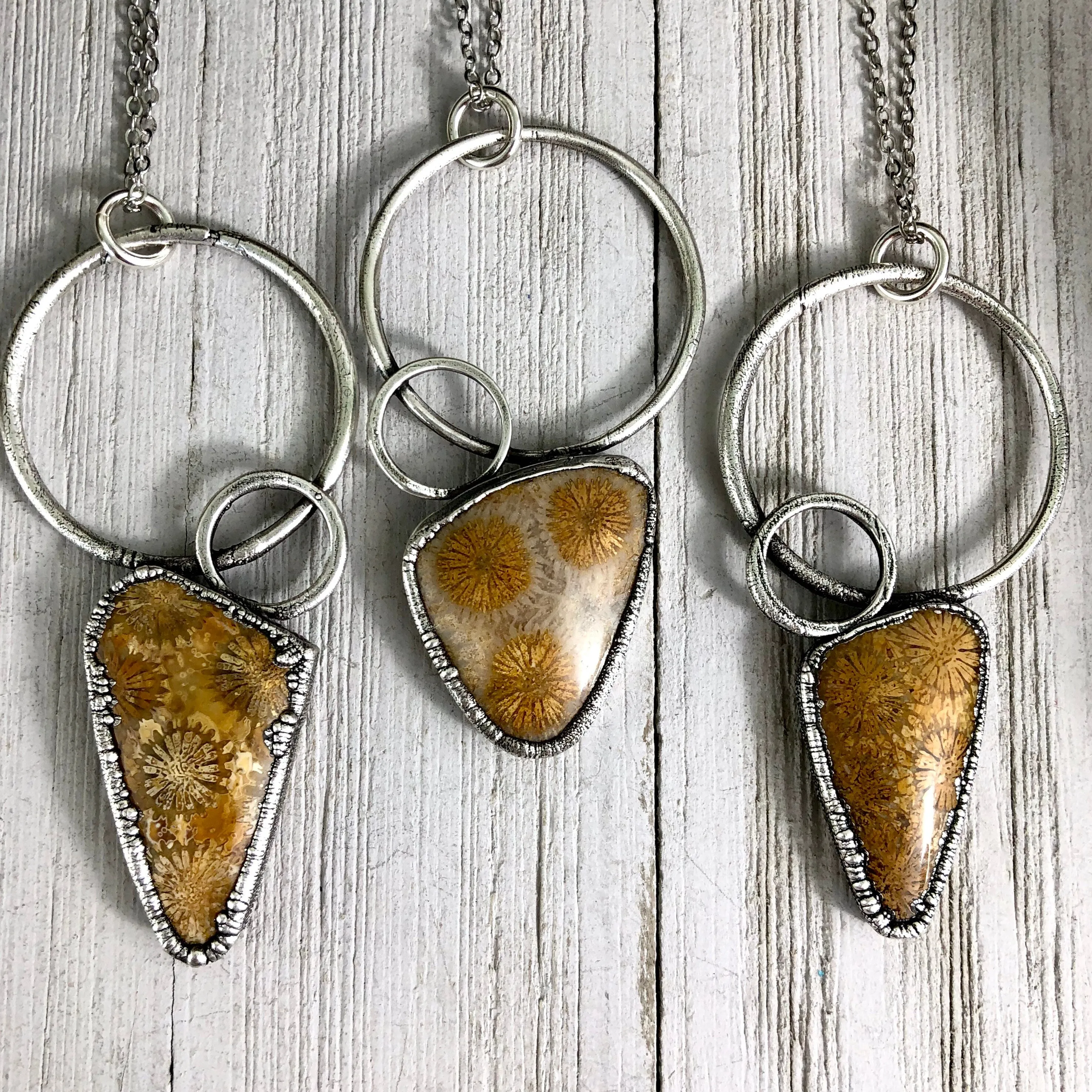 Boho Natural Stone Necklace in Silver / Fossilized Coral Jewelry For Woman