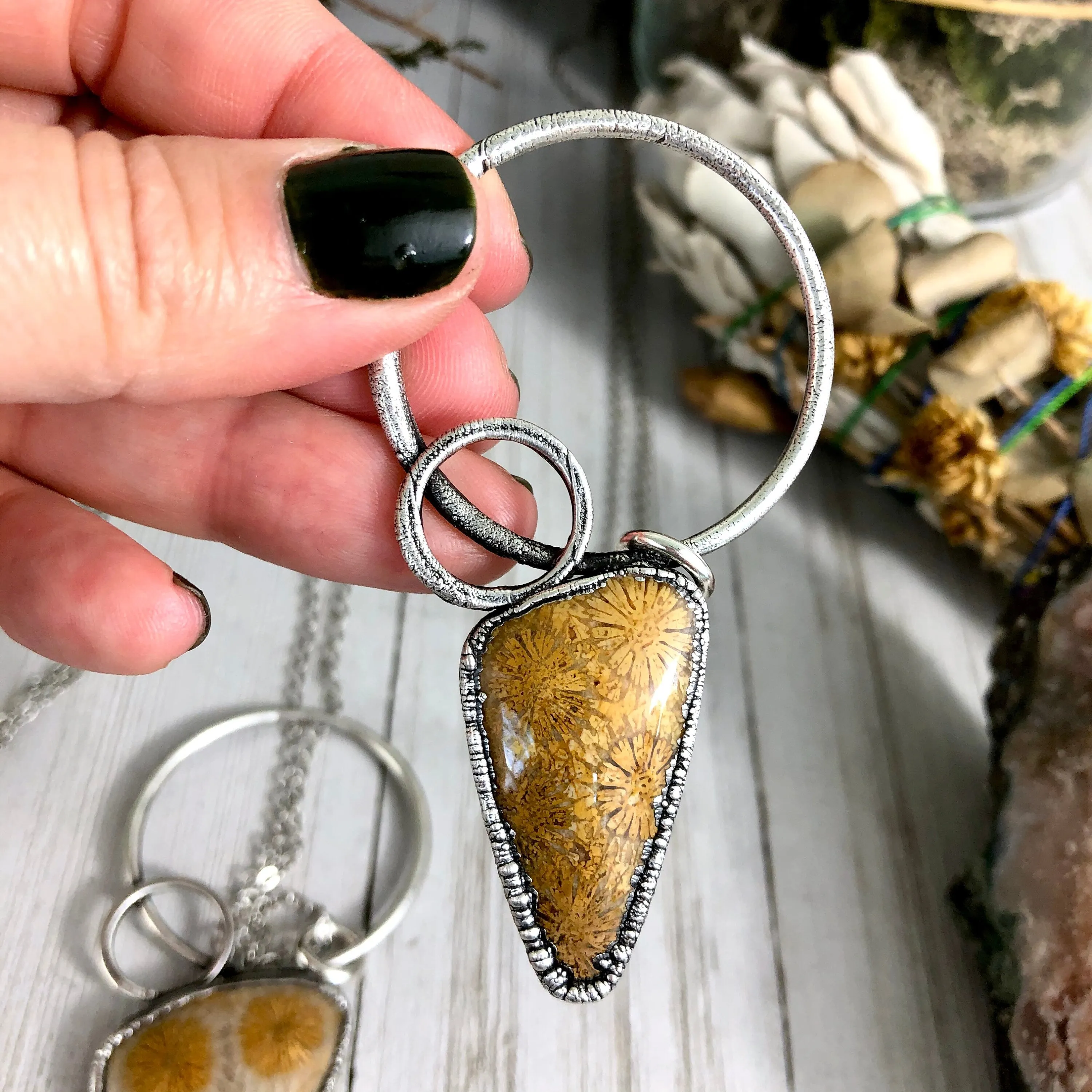 Boho Natural Stone Necklace in Silver / Fossilized Coral Jewelry For Woman
