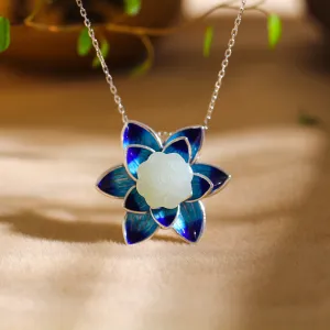 Burning Blue Craft 925 Silver Jewelry Women's Lotus And Tian Jade Ring