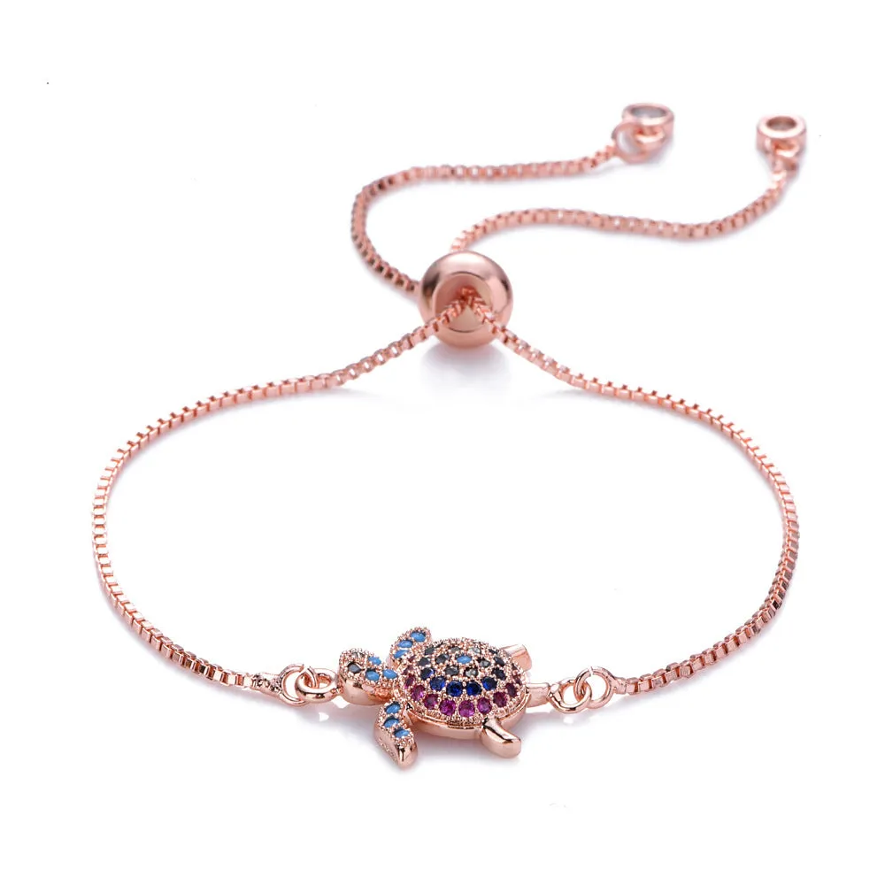 Classy Micro Colored gemstone inlaid turtle bracelet with pendant for women