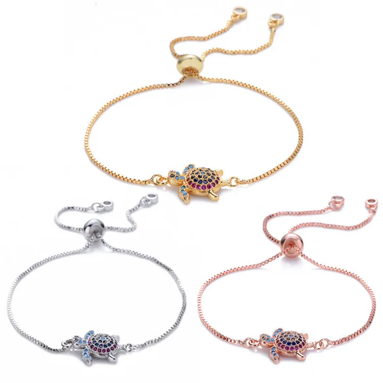 Classy Micro Colored gemstone inlaid turtle bracelet with pendant for women