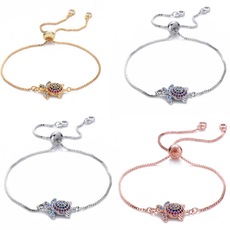 Classy Micro Colored gemstone inlaid turtle bracelet with pendant for women